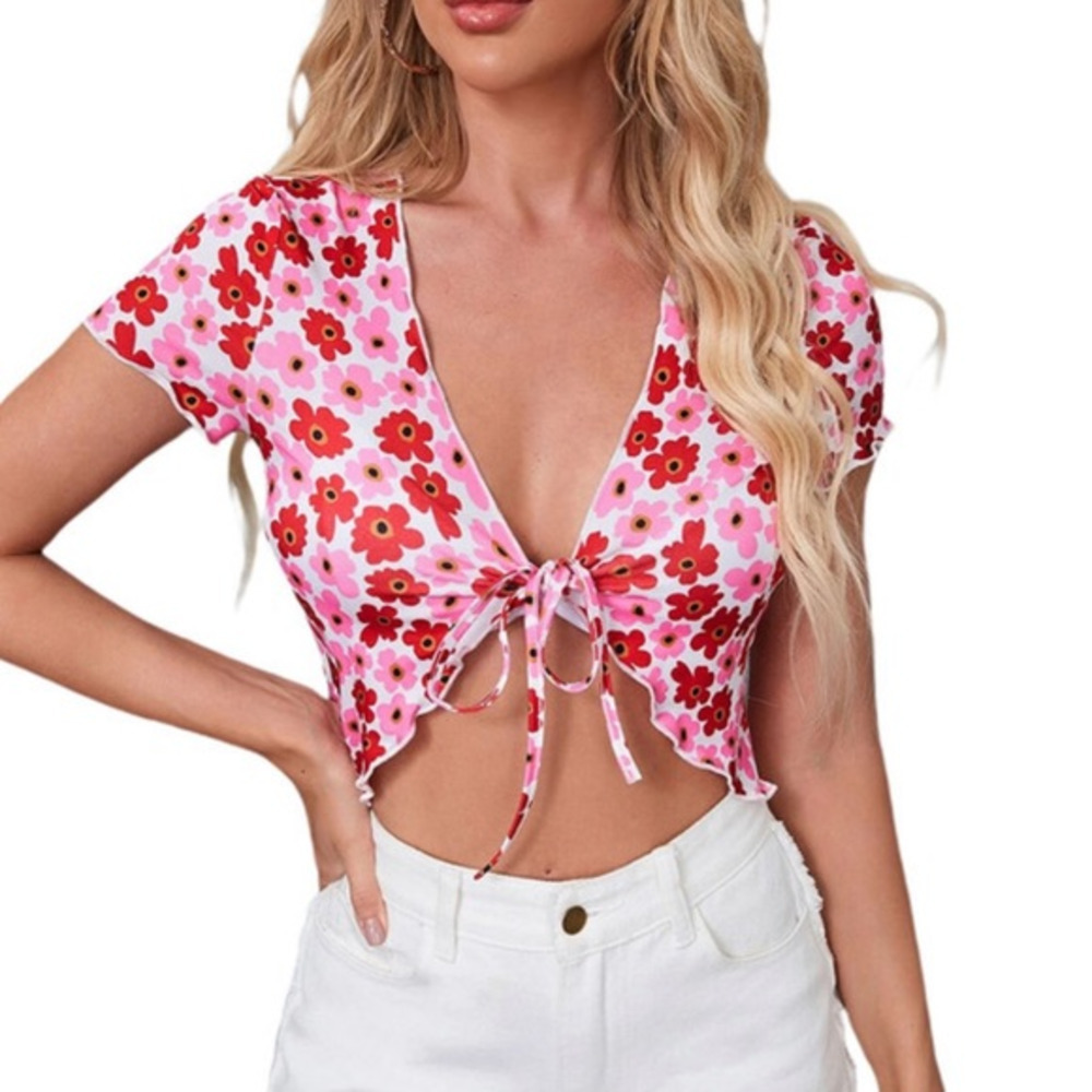 Shein floral lettuce edge Sz XL‎ cardigan tie front